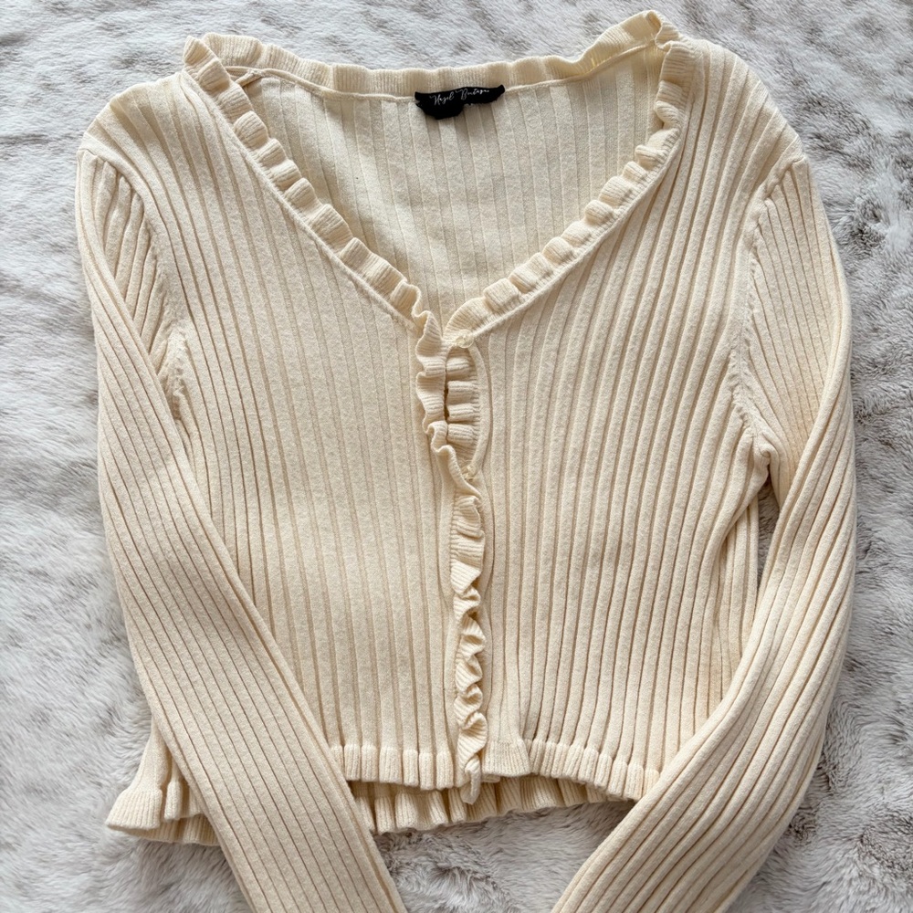 Hazel Boutique Cream Ribbed Ruffle Cardigan - Picture 2 of 4
